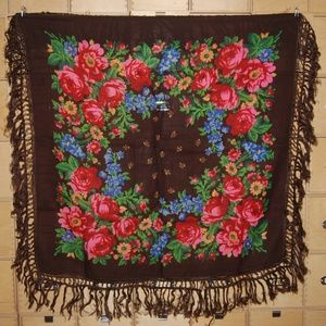 Vintage Wool Scarf - Vivid Flowers on Black